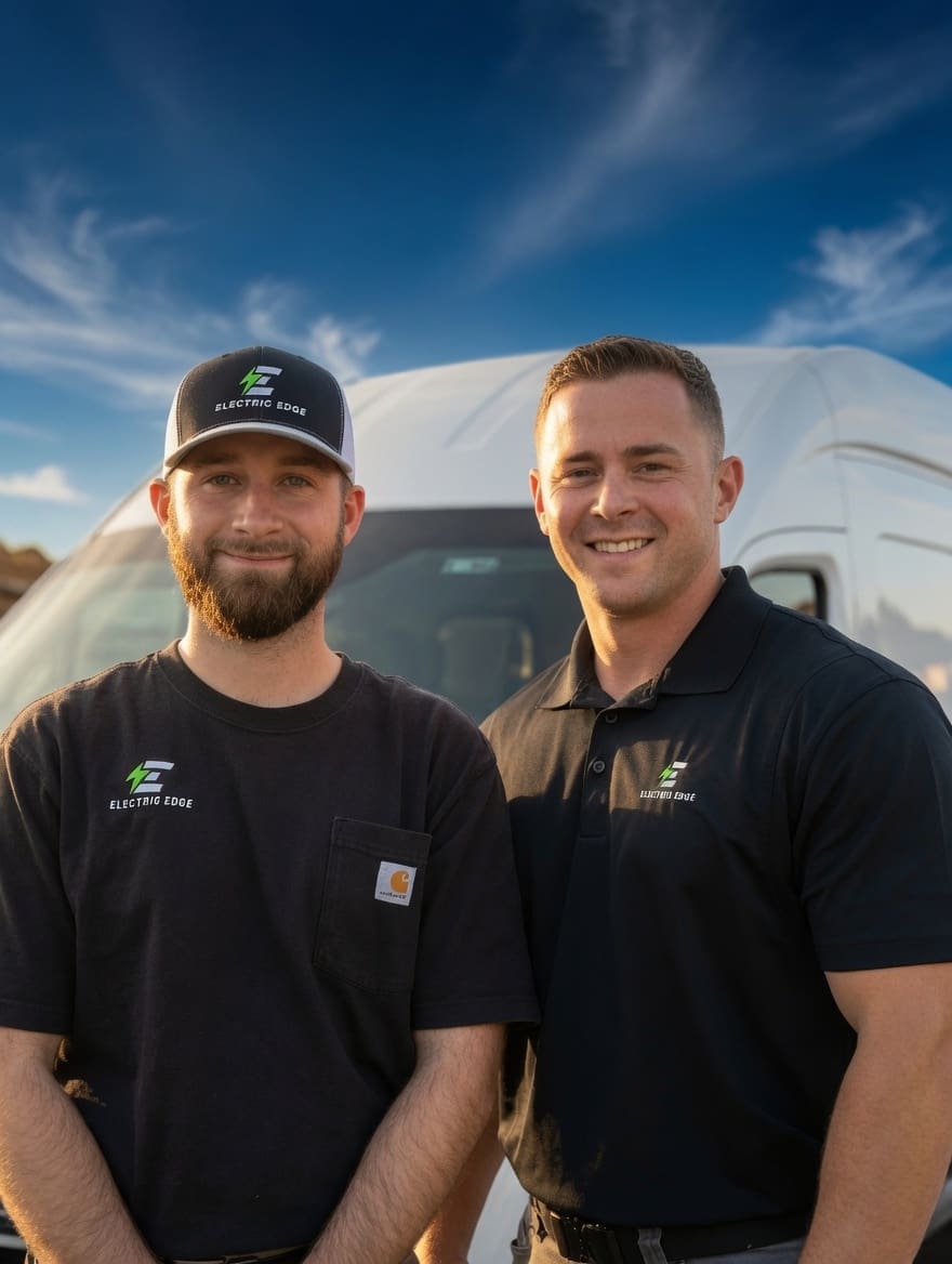 Electric Edge team members standing beside their service vehicle