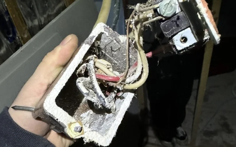 Older electrical switch and wiring being inspected before repair