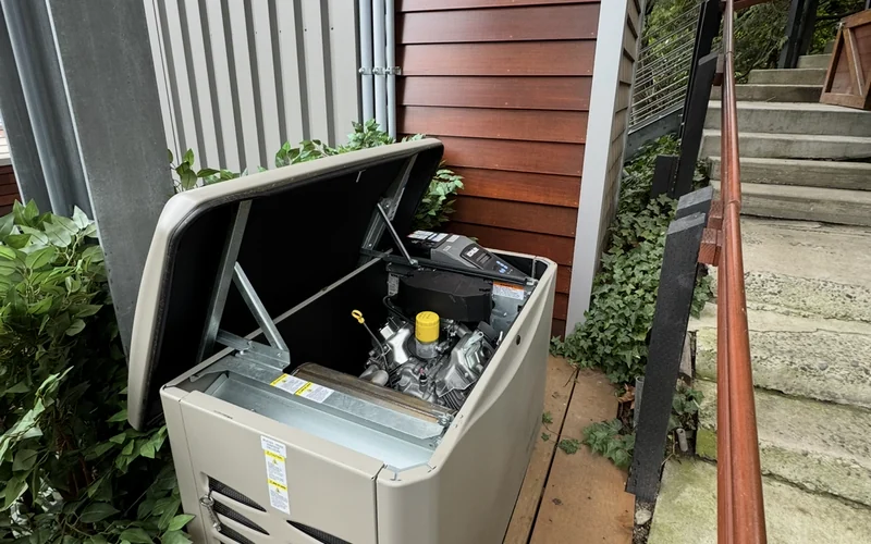 Residential standby generator with its service cover open